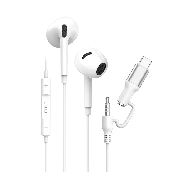 Жични слушалки – Lito (LF03) – Jack 3.5mm + Type-C, стерео, Half In-Ear, HD микрофон, 1.2m – Бели