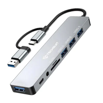 Techsuit - Докинг станция DataBridge 8 в 1 (H9) - USB, Type-C към 4x USB, Type-C, 3.5 мм жак, TF/SD карта - Сив