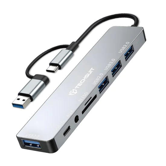 Techsuit - Докинг станция DataBridge 8 в 1 (H9) - USB, Type-C към 4x USB, Type-C, 3.5 мм жак, TF/SD карта - Сив