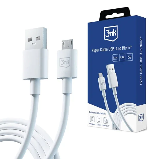 3mk - Кабел за данни Hyper - USB-A към Micro-USB, 5V, 2.4A, 1.2 м - Бял