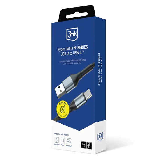 Кабел за данни / зареждане – 3mk Hyper N-Series – USB към Type-C, 18W, QC 3.0, 9V/2A, 1m – Черен