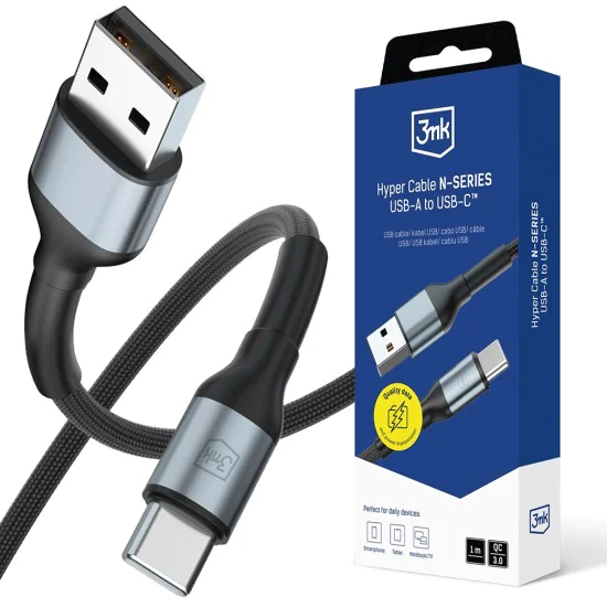Кабел за данни / зареждане – 3mk Hyper N-Series – USB към Type-C, 18W, QC 3.0, 9V/2A, 1m – Черен