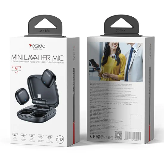 Безжични микрофони (2 бр.) – Yesido KR21 – 3в1 приемник, Type-C, AI шумопотискане, 2.4GHz – Черни