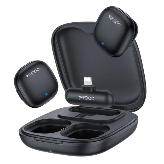 Безжични микрофони (2 бр.) – Yesido KR20 – Lightning, AI шумопотискане, 2.4GHz – Черни