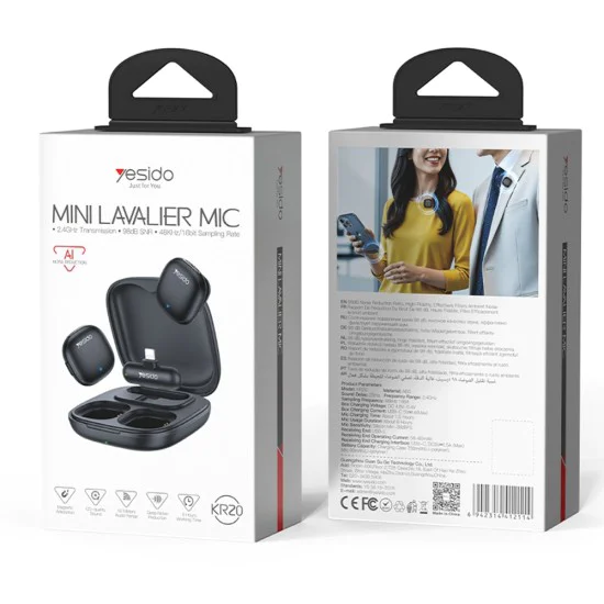 Безжични микрофони (2 бр.) – Yesido KR20 – Lightning, AI шумопотискане, 2.4GHz – Черни