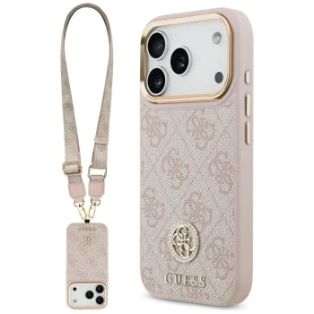Калъф за iPhone 17 Pro - Guess - Hardcase 4G Strass Logo & Big Strap (GUHMP17LP4G4DCSP) - Розов