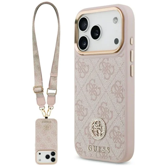Калъф за iPhone 17 Pro - Guess - Hardcase 4G Strass Logo & Big Strap (GUHMP17LP4G4DCSP) - Розов