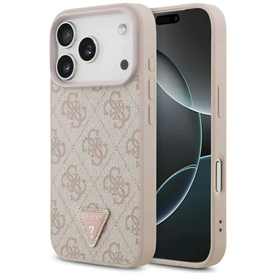 Калъф за iPhone 17 Pro - Guess - Кожен 4G Triangle Strass MagSafe (GUHMP17LP4TDPLP) - Розов