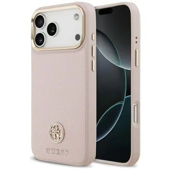 Калъф за iPhone 17 Pro - Guess - Grained Strass Logo MagSafe (GUHMP17LPGCRMDEP) - Розов