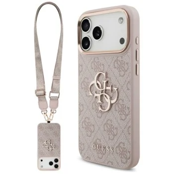 Калъф за iPhone 17 Pro - Guess - Голямо 4G класическо лого с големи метални копчета за каишка (GUHCP17LP4G4BCSP) - Розов