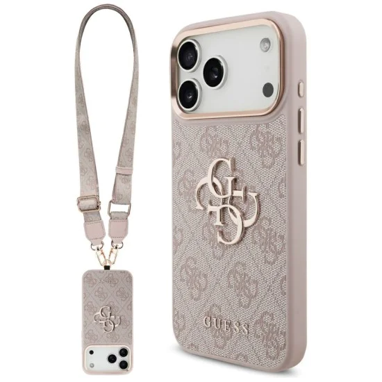 Калъф за iPhone 17 Pro - Guess - Голямо 4G класическо лого с големи метални копчета за каишка (GUHCP17LP4G4BCSP) - Розов