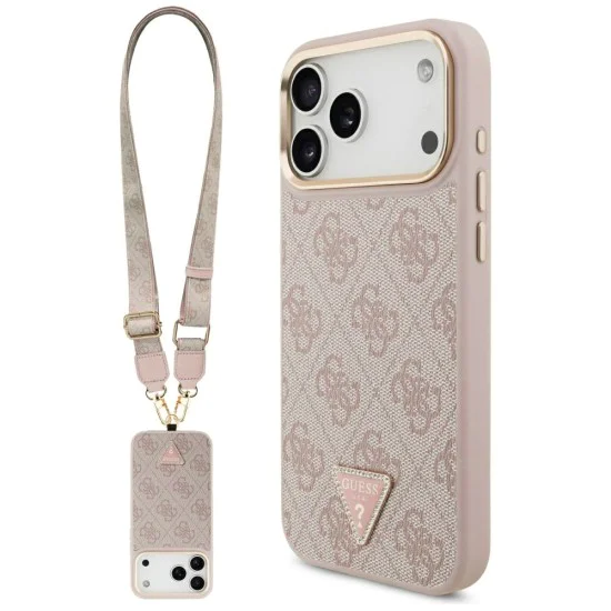 Калъф за iPhone 17 Pro Max - Guess - 4G триъгълно лого с голяма каишка, метално копче MagSafe (GUHMP17XP4G4TCSP) - Розов