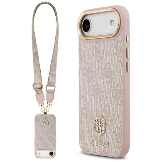 Калъф за iPhone 17 Air - Guess - Hardcase 4G Strass Logo & Big Strap (GUHMP17MP4G4DCSP) - Розов