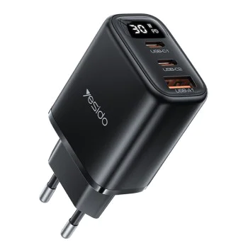 Зарядно за стена – Yesido Wall Charger (YC69) – Дигитален дисплей, бързо зареждане, 2× Type-C, 30W – Черно