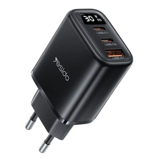 Зарядно за стена – Yesido Wall Charger (YC69) – Дигитален дисплей, бързо зареждане, 2× Type-C, 30W – Черно