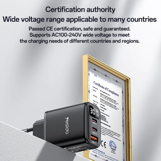 Зарядно за стена – Yesido Wall Charger (YC69) – Дигитален дисплей, бързо зареждане, 2× Type-C, 30W – Черно