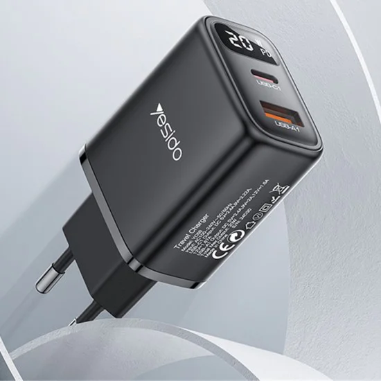 Зарядно за стена – Yesido Wall Charger (YC68) – Дигитален дисплей, Quick Charge, Type-C, 20W – Черно