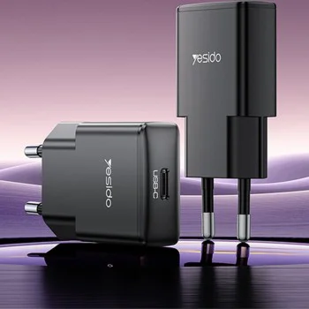 Зарядно за стена – Yesido Wall Charger (YC74) – GaN, ултра-тънко, Smart Chip, Type-C, PD30W – Черно
