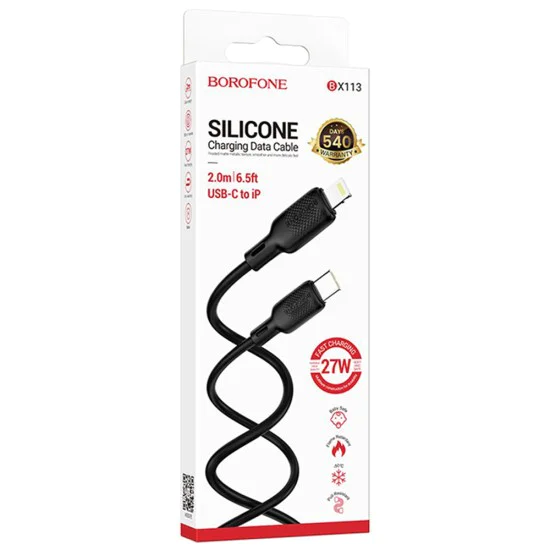 Кабел за данни / зареждане – Borofone (BX113 Lenny Series) – Type-C към Lightning, силикон, 27W, 2m – Черен