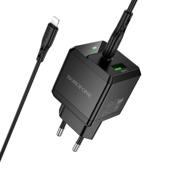 Зарядно за стена – Borofone (BN19 Intenso) – включен Type-C към Lightning кабел, USB + Type-C, PD20W QC3.0 – Черен