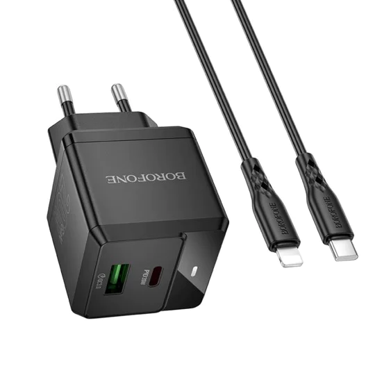 Зарядно за стена – Borofone (BN19 Intenso) – включен Type-C към Lightning кабел, USB + Type-C, PD20W QC3.0 – Черен