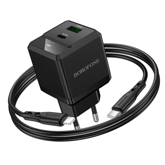 Зарядно за стена – Borofone (BN19 Intenso) – включен Type-C към Lightning кабел, USB + Type-C, PD20W QC3.0 – Черен