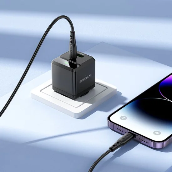 Зарядно за стена – Borofone (BN19 Intenso) – включен Type-C към Lightning кабел, USB + Type-C, PD20W QC3.0 – Черен