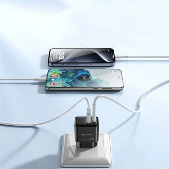 Зарядно за стена – Yesido Wall Charger (YC64) – Type-C + USB-A, GaN, PD30W – Черно