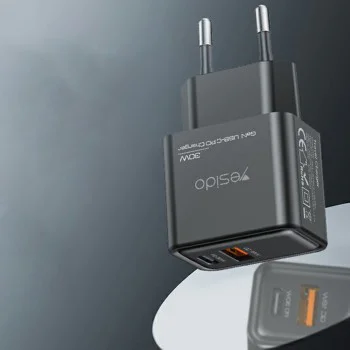 Зарядно за стена – Yesido Wall Charger (YC64) – Type-C + USB-A, GaN, PD30W – Черно