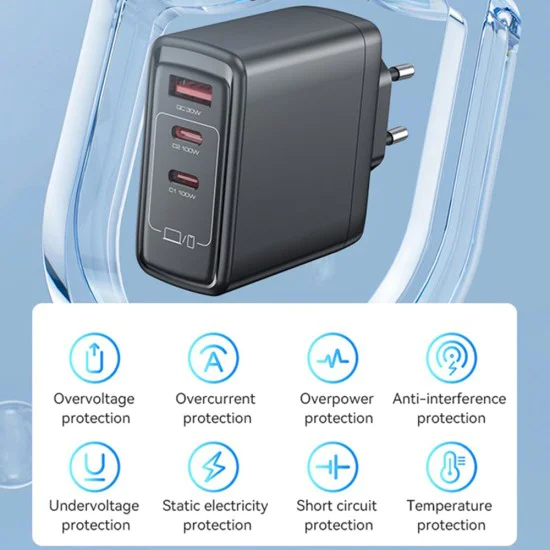 Зарядно за стена – Yesido Wall Charger (YC142) – GaN, бързо зареждане, 3 в 1, 2× Type-C, 100W – Черно