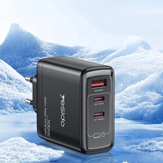 Зарядно за стена – Yesido Wall Charger (YC142) – GaN, бързо зареждане, 3 в 1, 2× Type-C, 100W – Черно