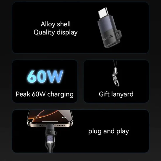 OTG адаптер – Yesido GS28 – Lightning → Type-C, 60W, fast charge, 480Mbps, алуминий – Сив