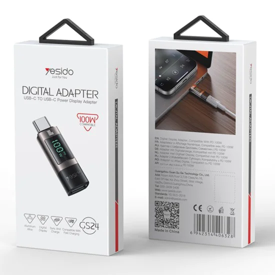 OTG адаптер – Yesido GS24 – Type-C → Type-C, дисплей на мощността, 100W, 5A – Сив