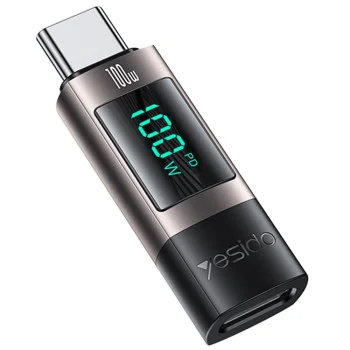 OTG адаптер – Yesido GS24 – Type-C → Type-C, дисплей на мощността, 100W, 5A – Сив