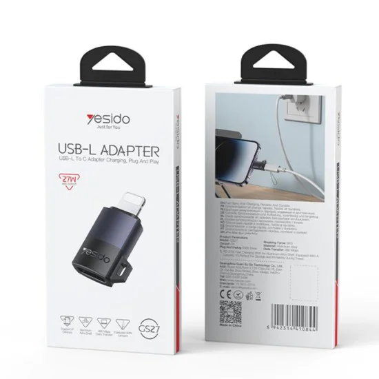 OTG адаптер – Yesido GS27 – Type-C → Lightning, 480Mbps, алуминий, 27W – Сив
