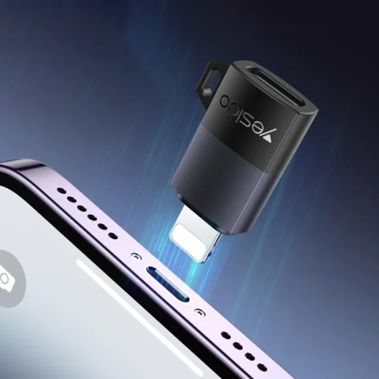 OTG адаптер – Yesido GS27 – Type-C → Lightning, 480Mbps, алуминий, 27W – Сив