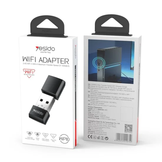 Wi-Fi адаптер – Yesido WP10 – вградена антена, USB-A, 150Mbps, WiFi4 2.4G, Plug&Play – Черен