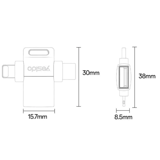 OTG адаптер – Yesido GS35 – USB3.0 → Lightning/Type-C, алуминий, мини дизайн – Сив