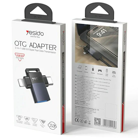 OTG адаптер – Yesido GS35 – USB3.0 → Lightning/Type-C, алуминий, мини дизайн – Сив