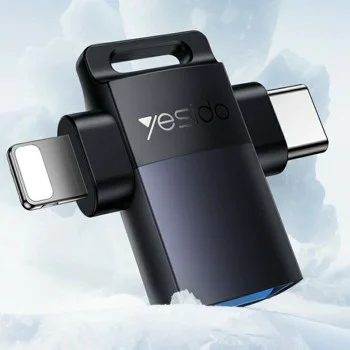 OTG адаптер – Yesido GS35 – USB3.0 → Lightning/Type-C, алуминий, мини дизайн – Сив