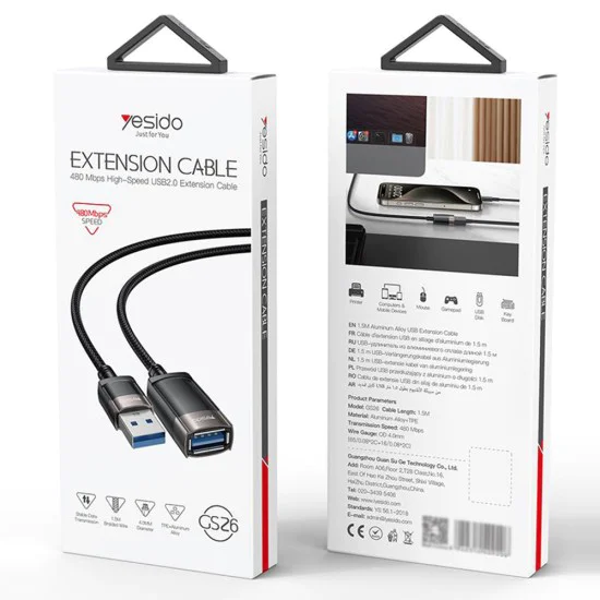 USB удължител – Yesido Extension Adapter (GS26) – USB2.0, кабел 1.5m, оплетка, високоскоростен – Сив