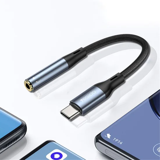 Аудио адаптер – Yesido YAU38 – Type-C → 3.5mm, найлон, алуминий, 15cm – Черен