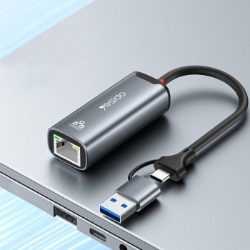 Ethernet адаптер – Yesido HB26 – USB/Type-C → RJ45, 1000Mbps, Windows/MacOS/Linux – Сив