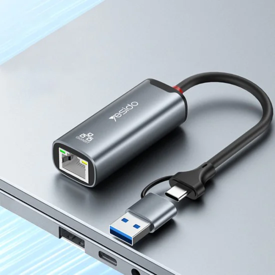 Ethernet адаптер – Yesido HB26 – USB/Type-C → RJ45, 1000Mbps, Windows/MacOS/Linux – Сив