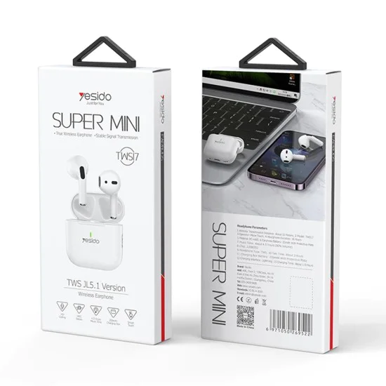 Безжични слушалки – Yesido Wireless Earbuds (TWS17) – Bluetooth V5.1, полу-в ухо дизайн, 200mAh, Type-C – Бели