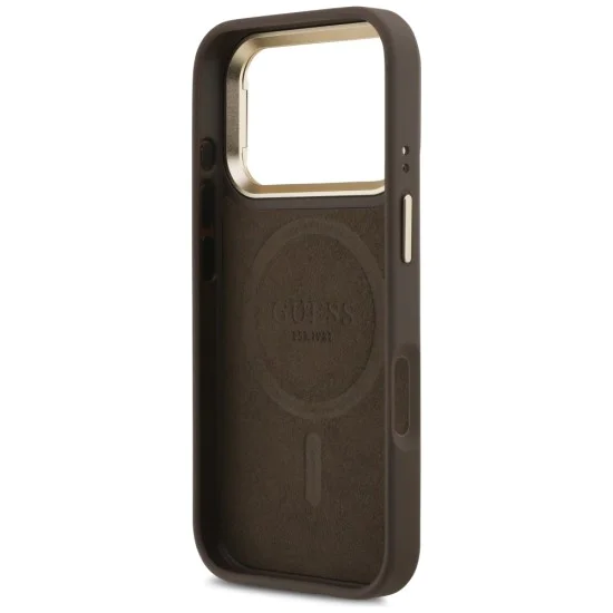 Калъф за iPhone 17 Pro Max – с MagSafe – Guess (GUHMP17XPCS4GPTW) Hardcase 4G Triangle Logo с поставка за камера – Кафяв