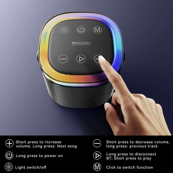 Безжична колонка – Yesido Wireless Speaker (YSW25) – Bluetooth 5.3, RGB, IP67, дръжка, TF/AUX/USB/Type-C, 1800mAh – Черна