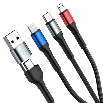 Кабел за данни 3mk Hyper N-Series 6in1 - USB-C/USB Male, USB-C Female към USB-C, Lightning, Micro, 18W, 9V/2A, 1.2m - Черен