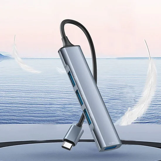 Докинг станция 4в1 – Yesido HB17 – Type-C → 1× USB3.0, 3× USB2.0, Plug&Play, 5Gbps, алуминий – Сива