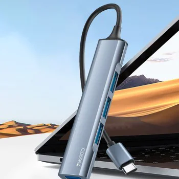 Докинг станция 4в1 – Yesido HB17 – Type-C → 1× USB3.0, 3× USB2.0, Plug&Play, 5Gbps, алуминий – Сива